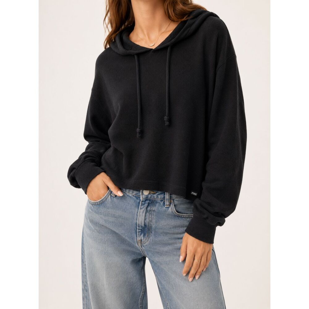 Victoria's Secret PINK Black Waffle Knit Hoodie S Lightweight Pullover Y2K